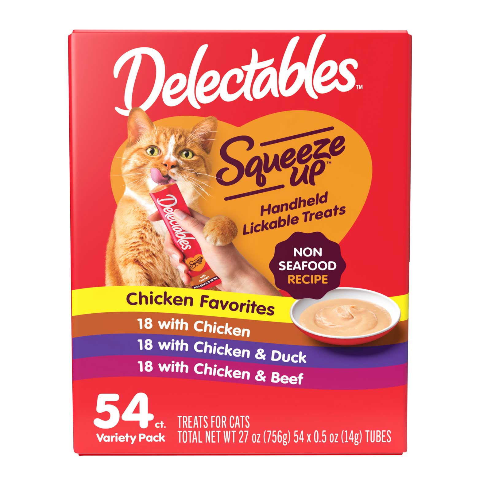 Hartz Delectables Squeeze Ups Lickable Cat Treats Variety Pack, Non Seafood Chicken, Duck & Beef, 54 Count