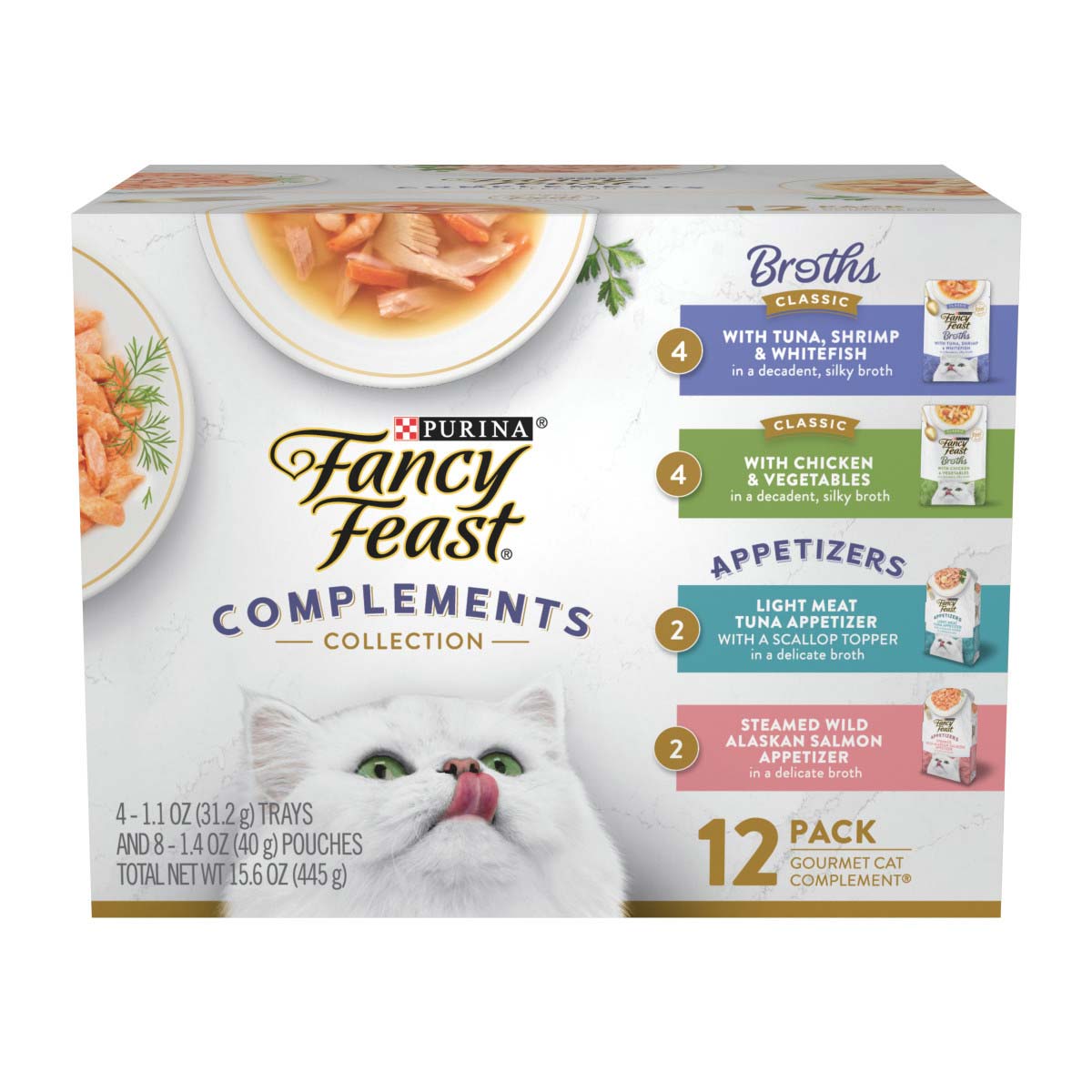 Purina Fancy Feast Grain Free Wet Cat Food Complement Variety Pack, Appetizers & Broths Recipes - 12 Count Box