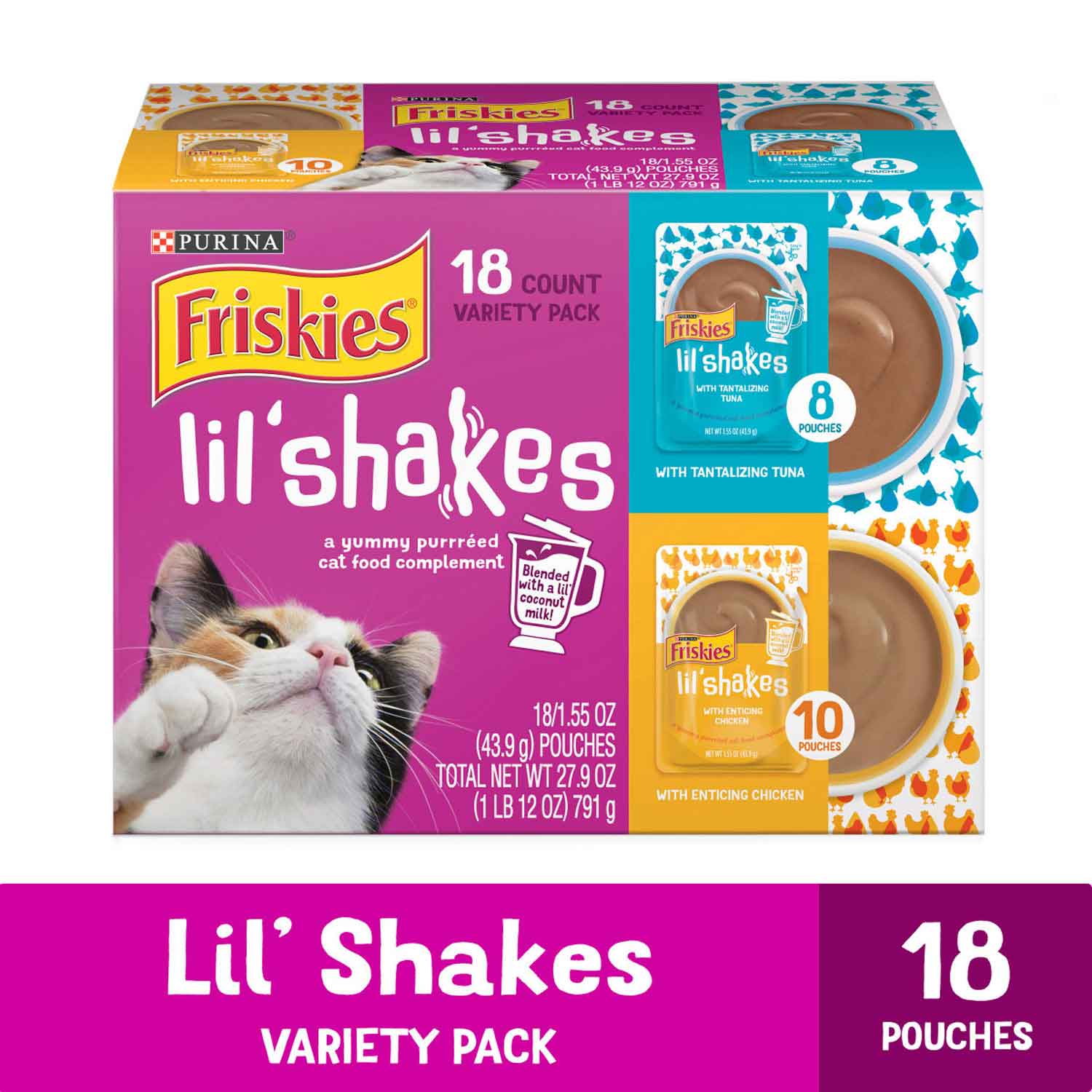 Purina Friskies Pureed Cat Food Topper Variety Pack, Lil' Shakes With Chicken and With Tuna Varieties - (18) 1.55 Ounce Pouches