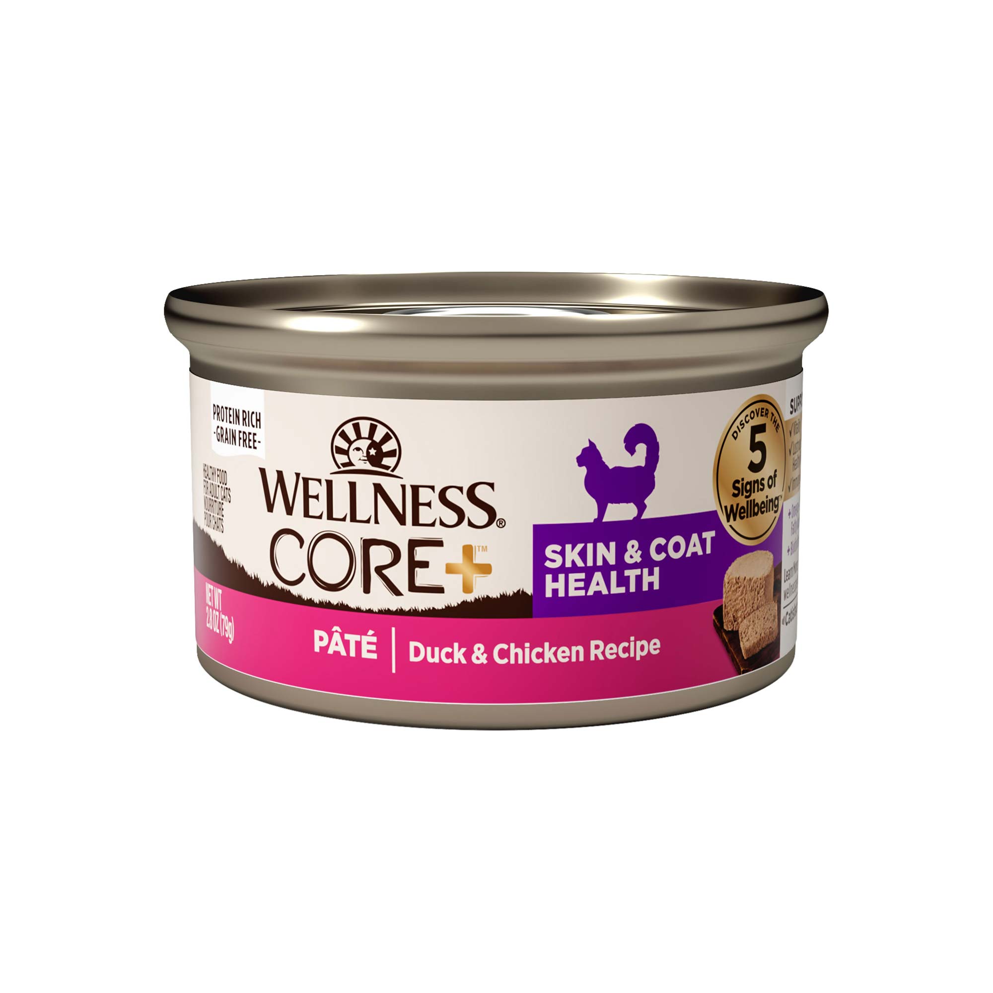 Wellness CORE+ Skin & Coat Natural Grain Free Canned Wet Cat Food, Duck & Chicken Pate, 2.8 Ounces