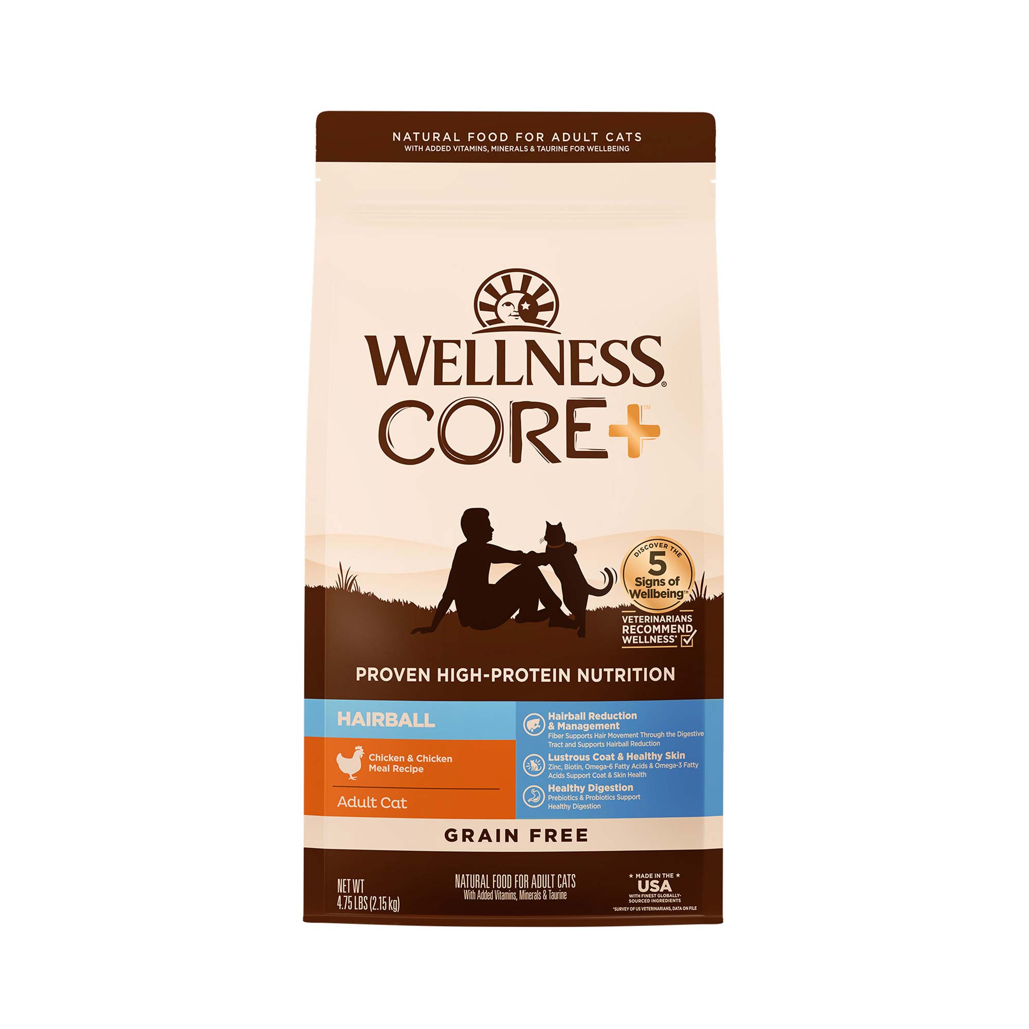 Wellness CORE+ Hairball Grain Free Adult Dry Cat Food, Chicken & Chicken Meal Recipe, 4.75 Pound Bag