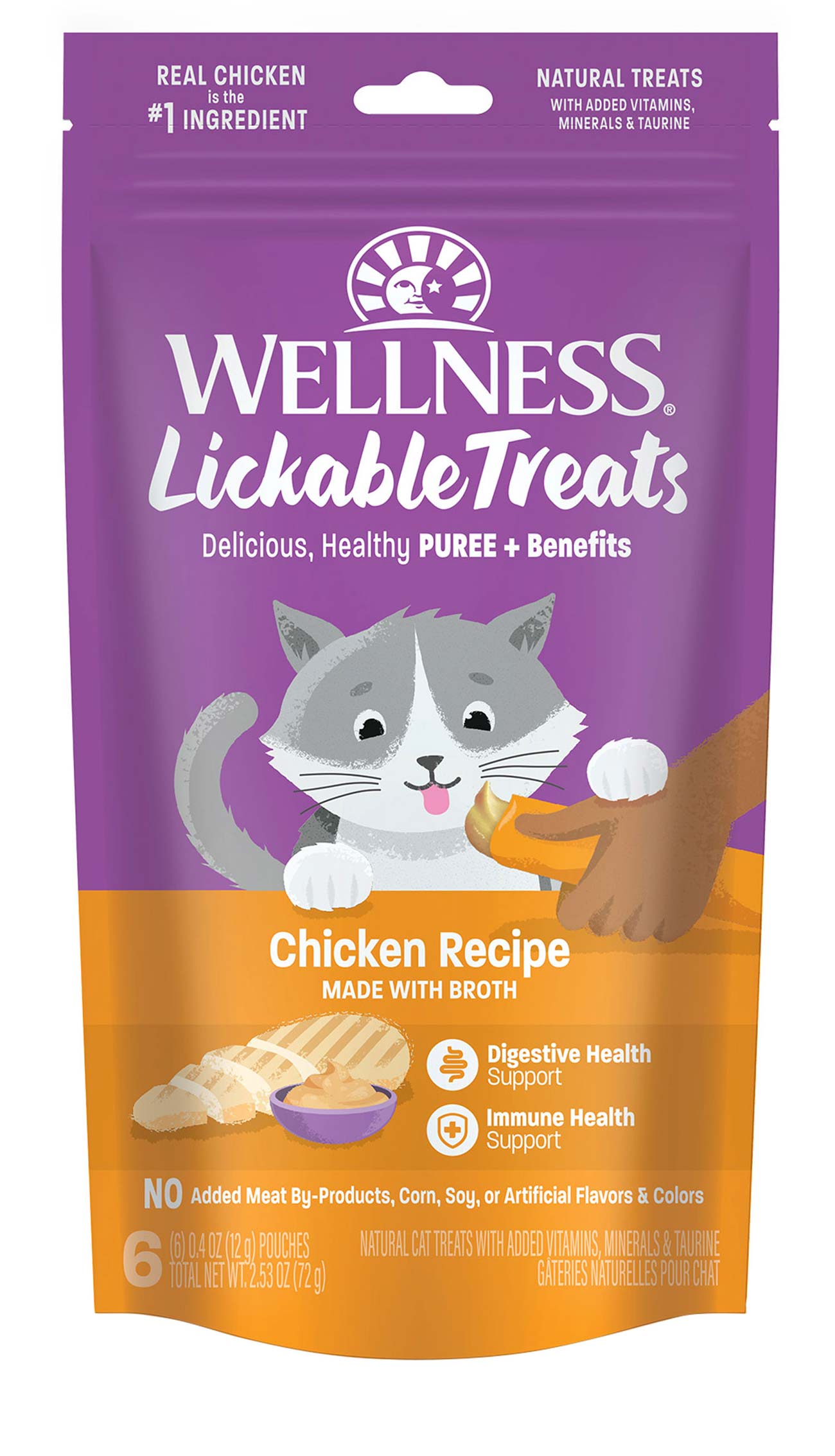Wellness Lickable Treats Soft Puree Natural Grain Free Cat Treats, Chicken, 0.4 Ounce Tubes