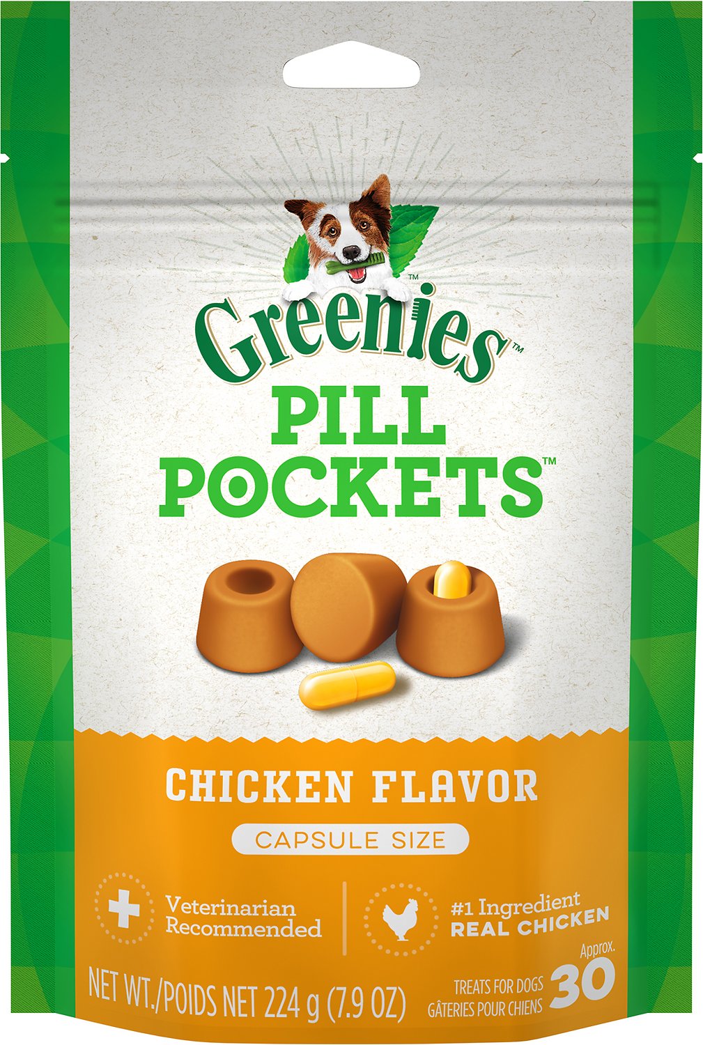 GREENIES PILL POCKETS Capsule Size Natural Dog Treats with Chicken Flavor, 7.9 Ounce Pack (30 Treats)