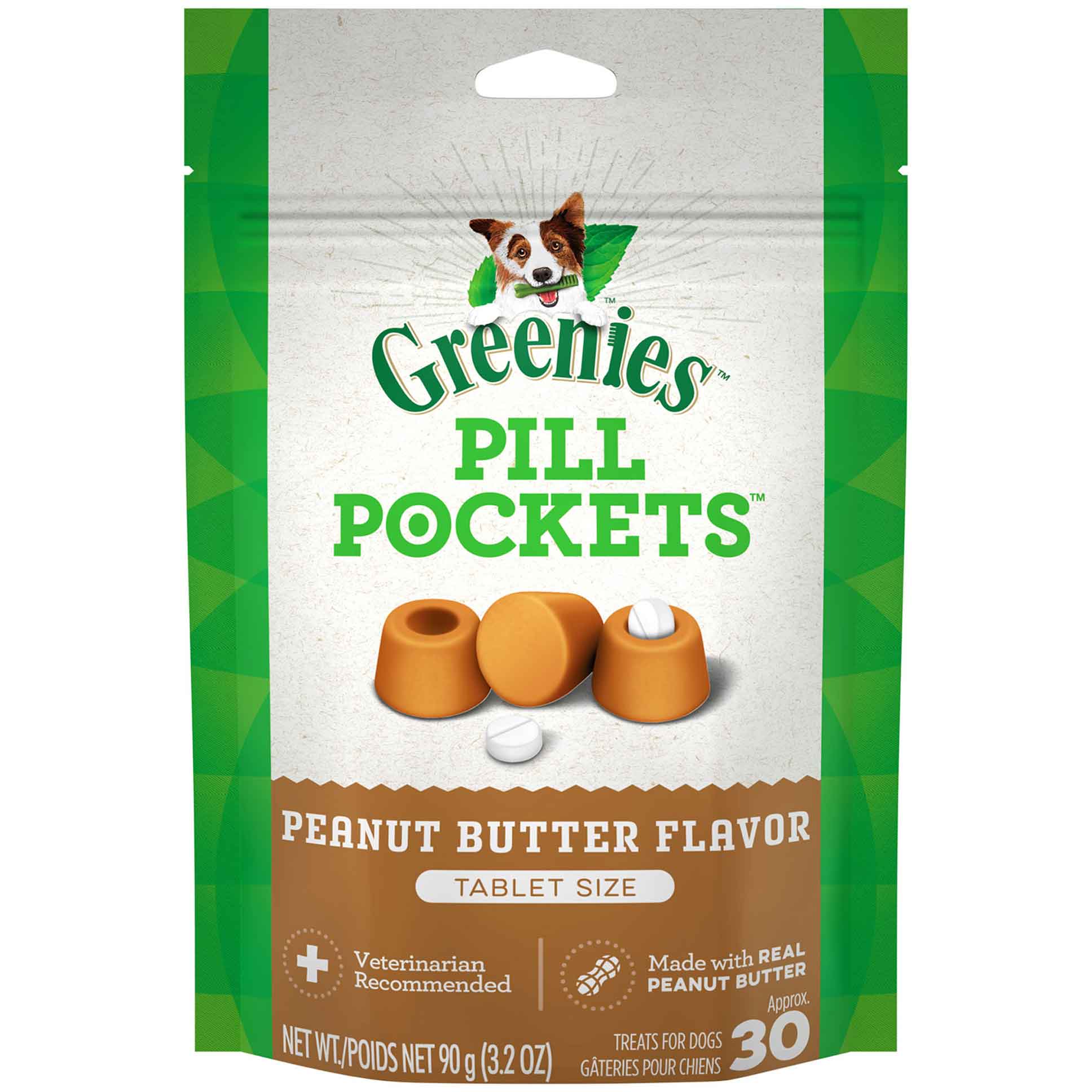 GREENIES PILL POCKETS for Dogs Tablet Size Natural Soft Dog Treats with Real Peanut Butter, 3.2 Ounce Pack (30 Treats)
