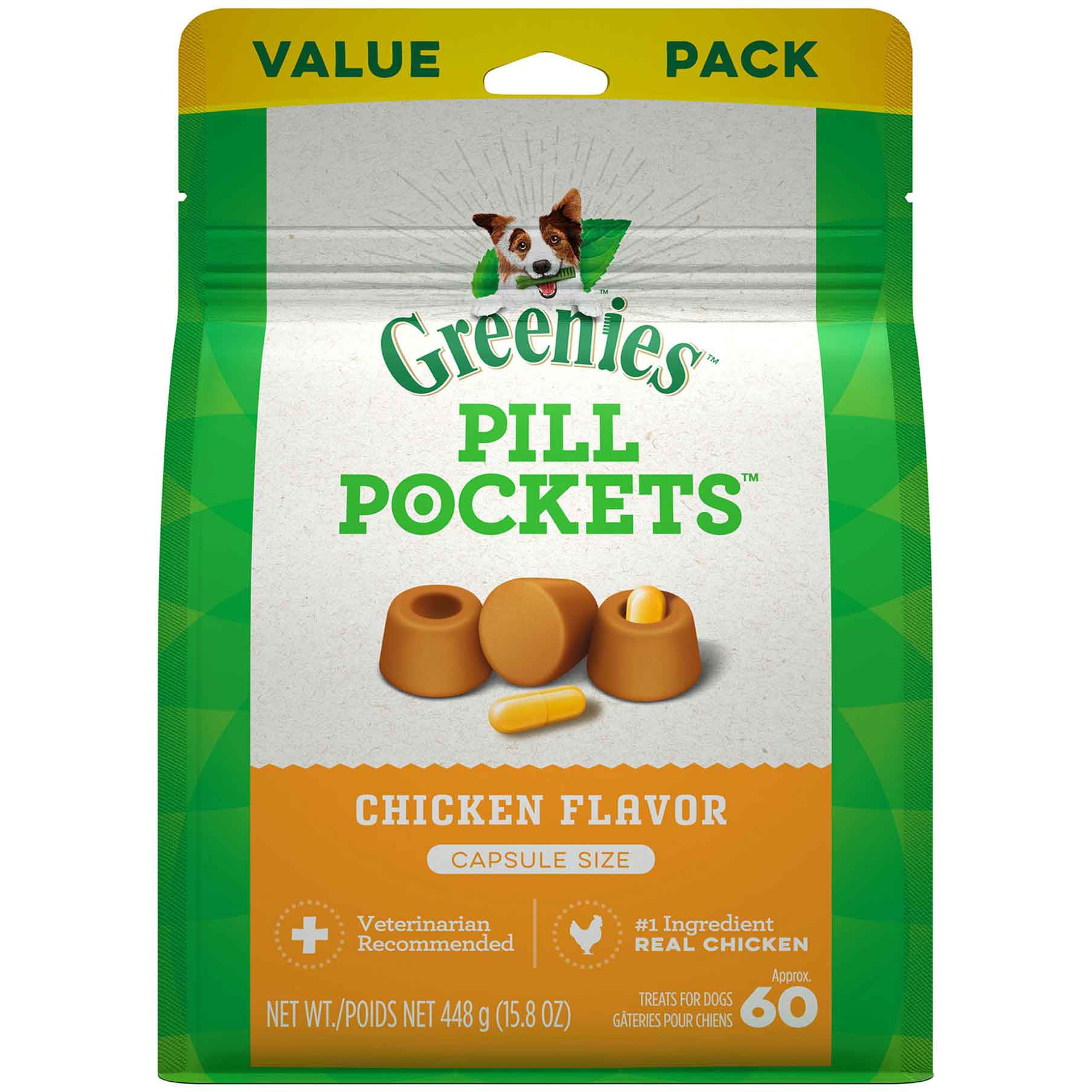 GREENIES PILL POCKETS Capsule Size Natural Dog Treats Chicken Flavor, 15.8 Ounce Value Pack (60 Treats)