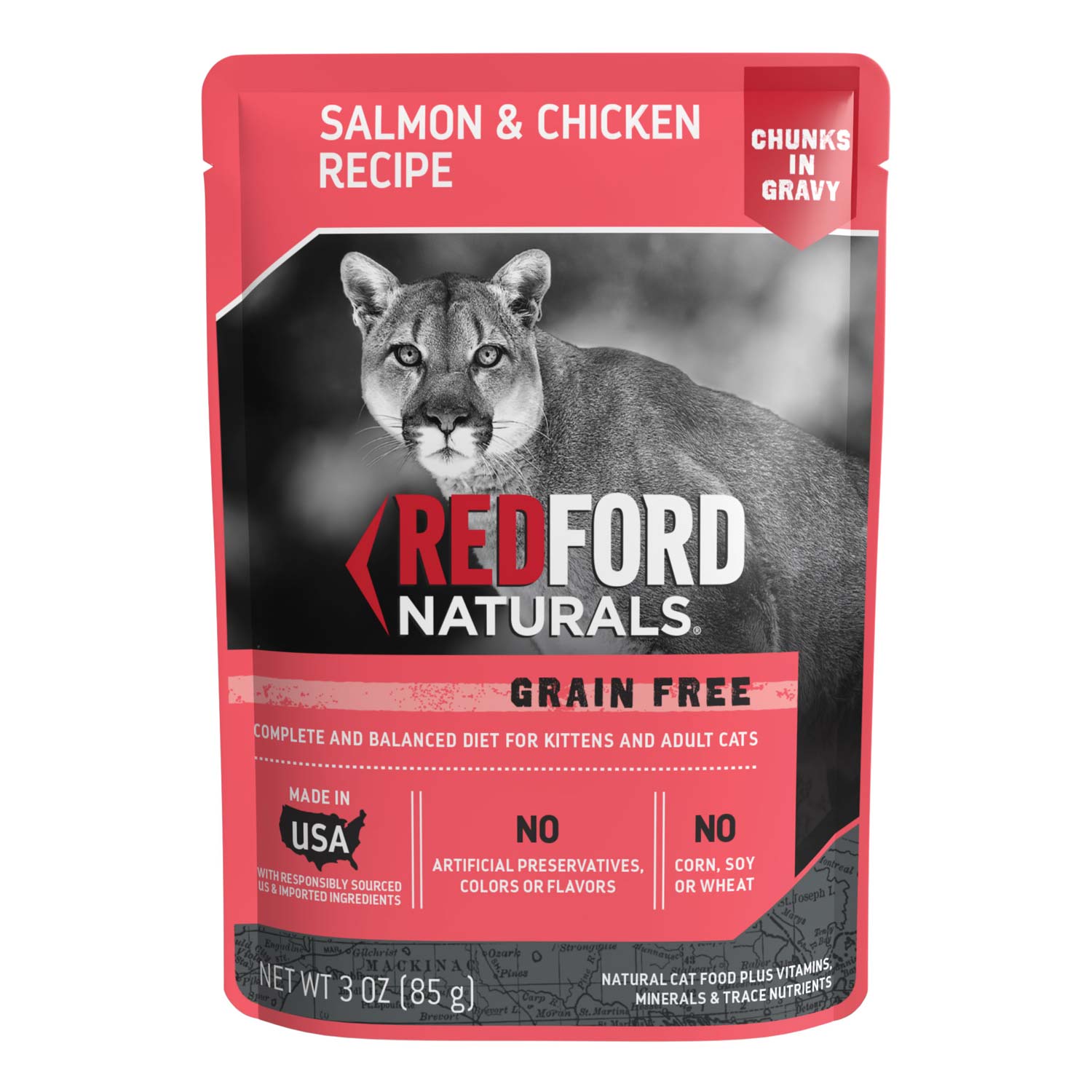 Redford Naturals Grain Free Chunks in Gravy Salmon & Chicken Recipe Cat Food Pouches, 3 Ounces