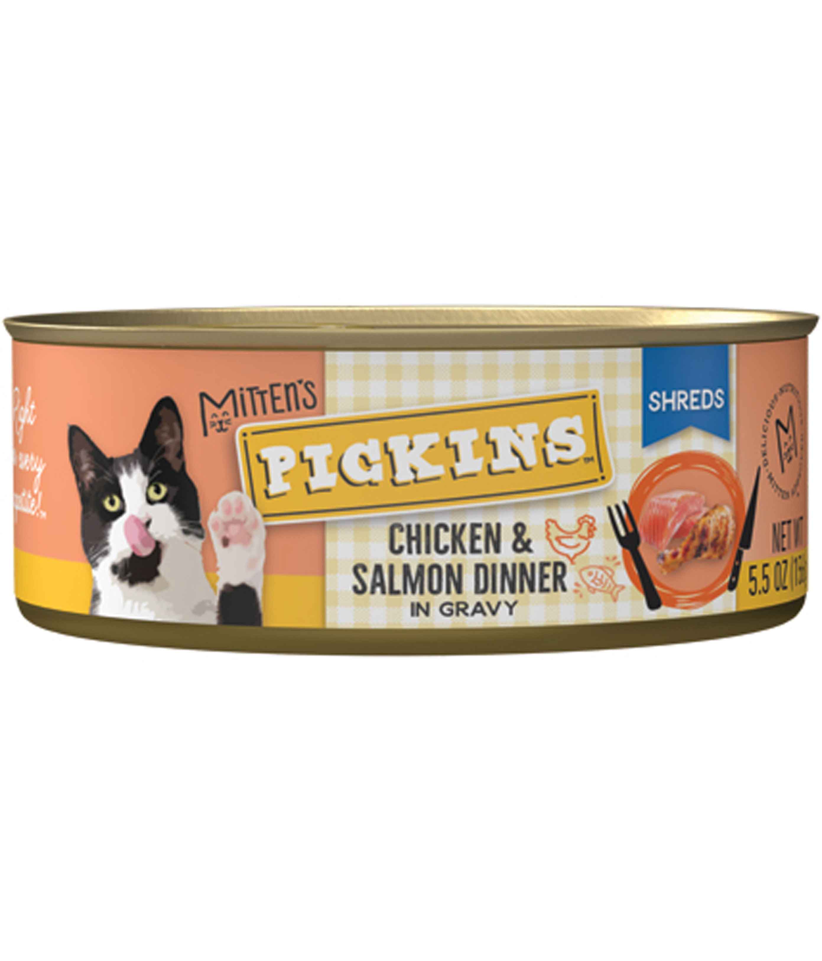 Mitten's Pickins Shreds In Gravy Chicken & Salmon Dinner Wet Cat Food, 5.5 Ounces