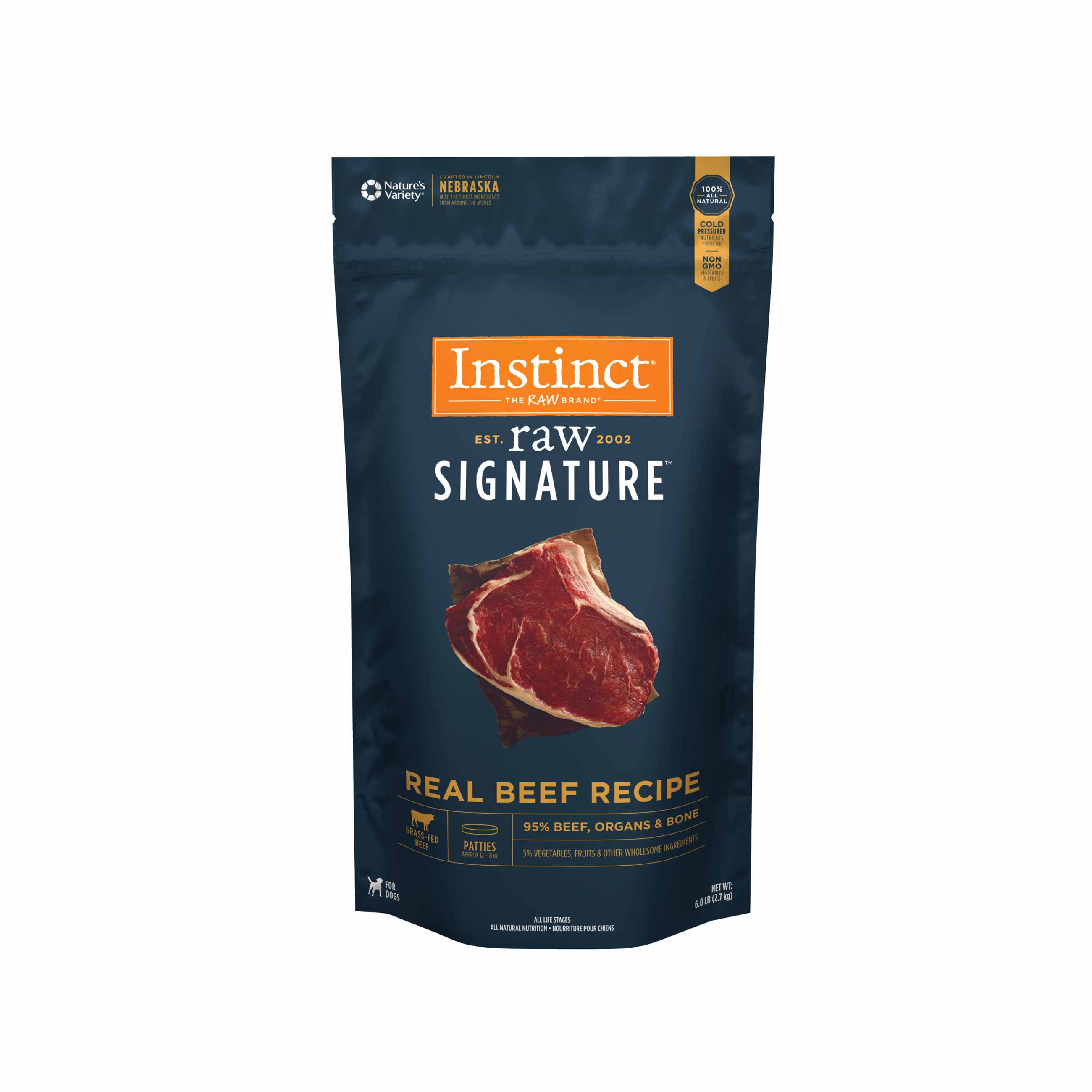 Instinct Frozen Raw Signature Patties Grain-Free Real Beef Recipe Dog Food, 6 Pound Bag - Not Available for Delivery