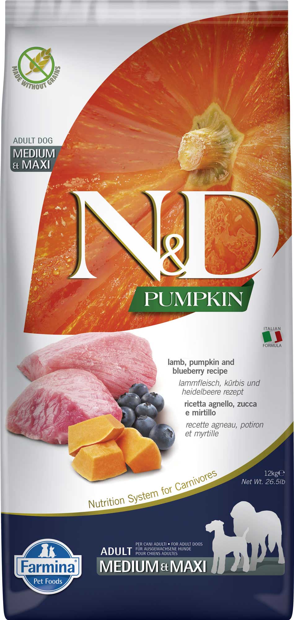 Farmina N&D Pumpkin Formula, Lamb and Blueberry Adult Medium & Maxi Dry Dog Food, 26.4 Pounds