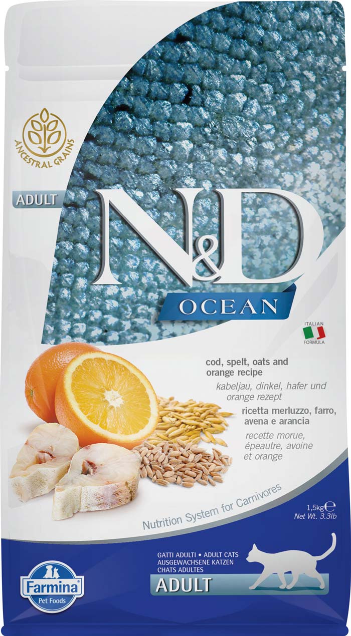 Farmina N&D Ocean Codfish, Spelt, Oat, and Orange Adult Dry Cat Food, 3.3 Pounds