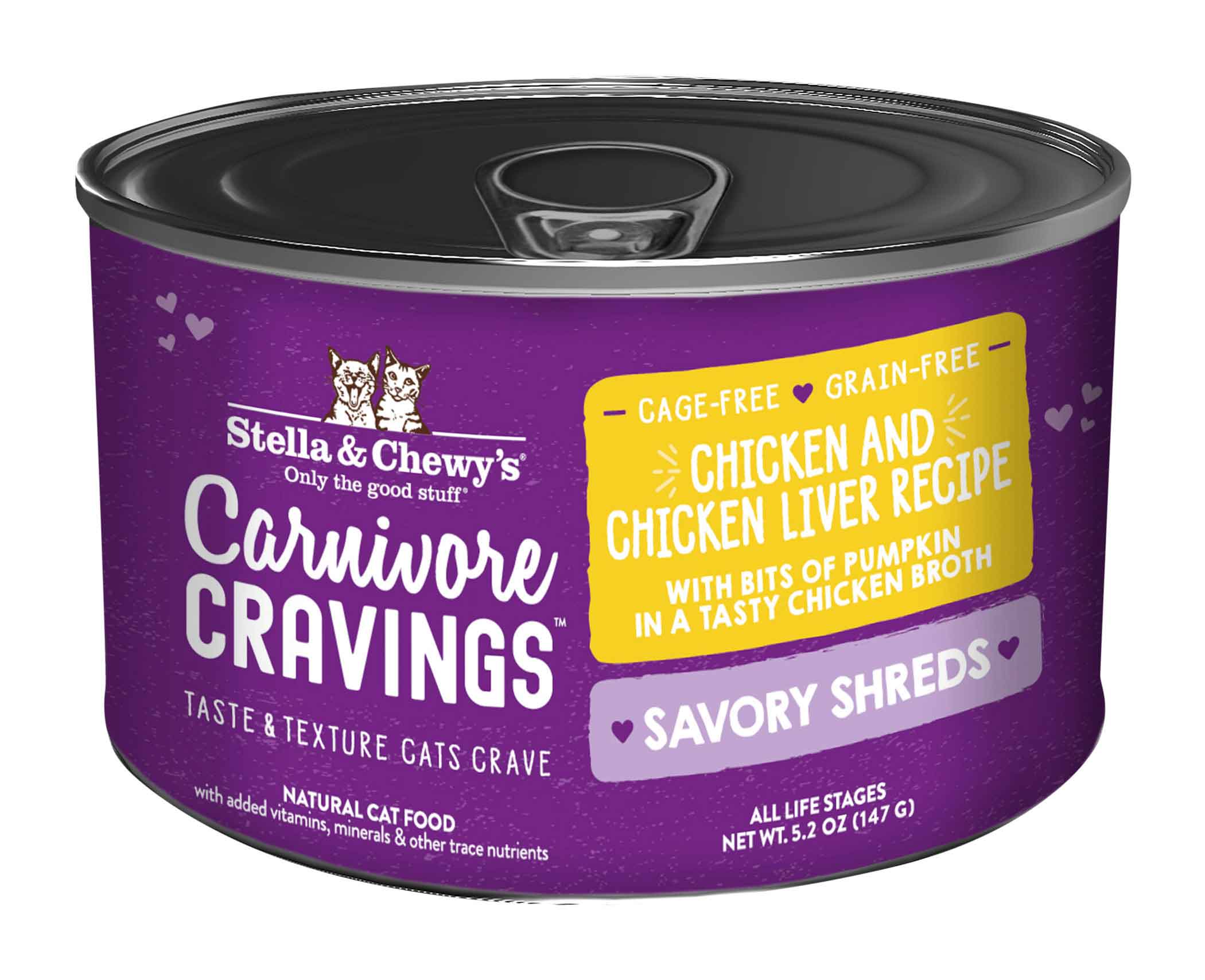 Stella & Chewy's Carnivore Cravings-Savory Shreds Chicken & Chicken Liver Dinner in Broth Wet Cat Food, 5.2 Ounces