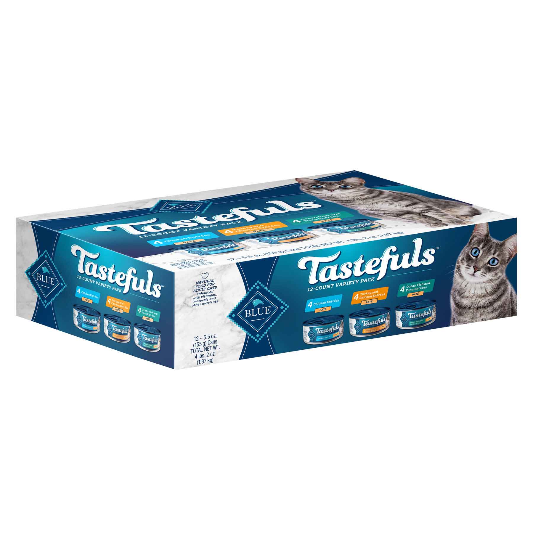 Blue Buffalo Tastefuls Indoor Chicken, Turkey/Chicken and Ocean Fish/Tuna Pate Variety Pack Wet Cat Food, 5.5 Ounces, 12 Count