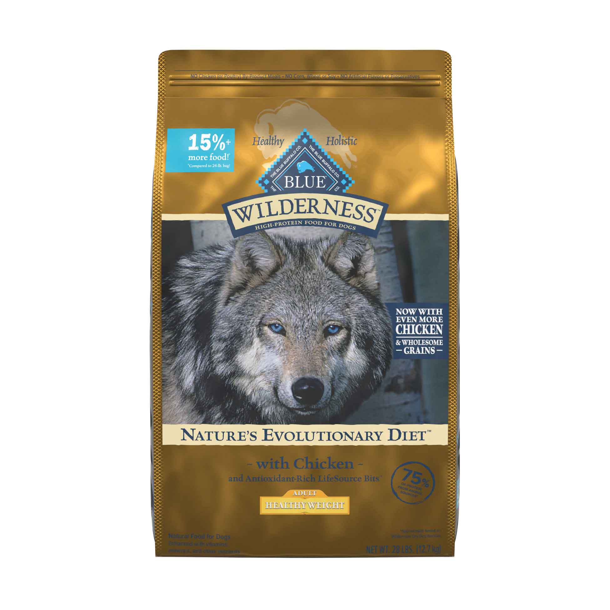 Blue Wilderness High Protein Natural Healthy Weight Adult Dry Dog Food Plus Wholesome Grains, Chicken, 28 Pound Bag